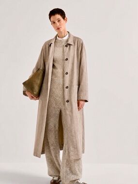 Vtg Frontier Classics Cotton Linen Blend Duster Jacket Beige Oversized Trench XS
